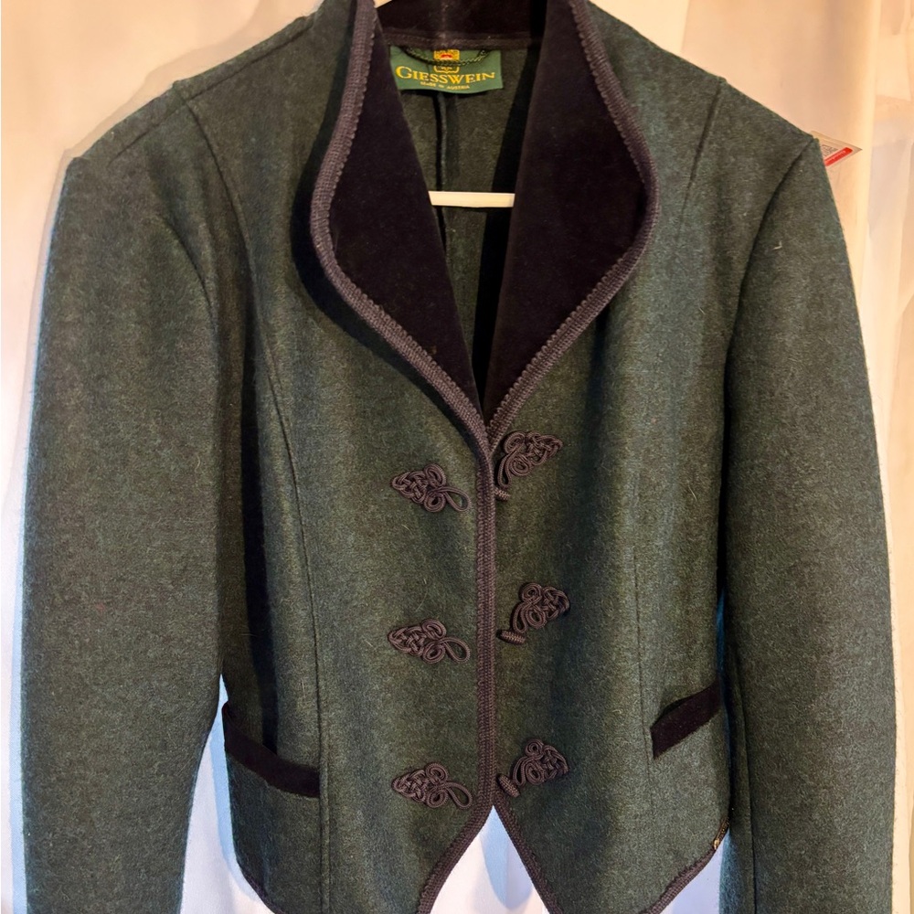 Vintage Giesswein Green Blazer with Navy Blue Accents and Ornate Closures (RARE)